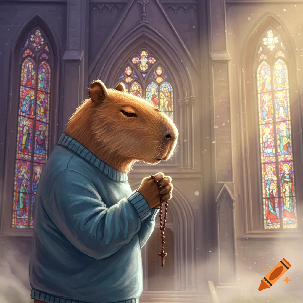 Anthropomorphic capybara in a blue sweater praying the rosary inside a church with bright stained glass windows, digital illustration.