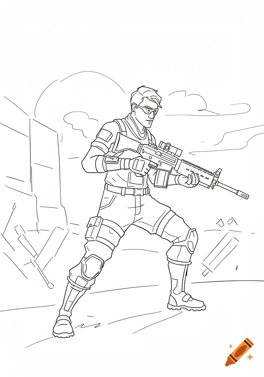 A line drawing of a Fortnite player in tactical gear holding a rifle in a sparse, ruined environment.