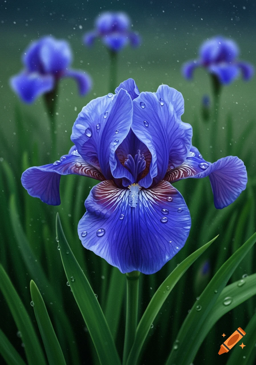 A close-up, photorealistic view of a vibrant blue iris flower with water droplets on its petals, set against a blurred green background.