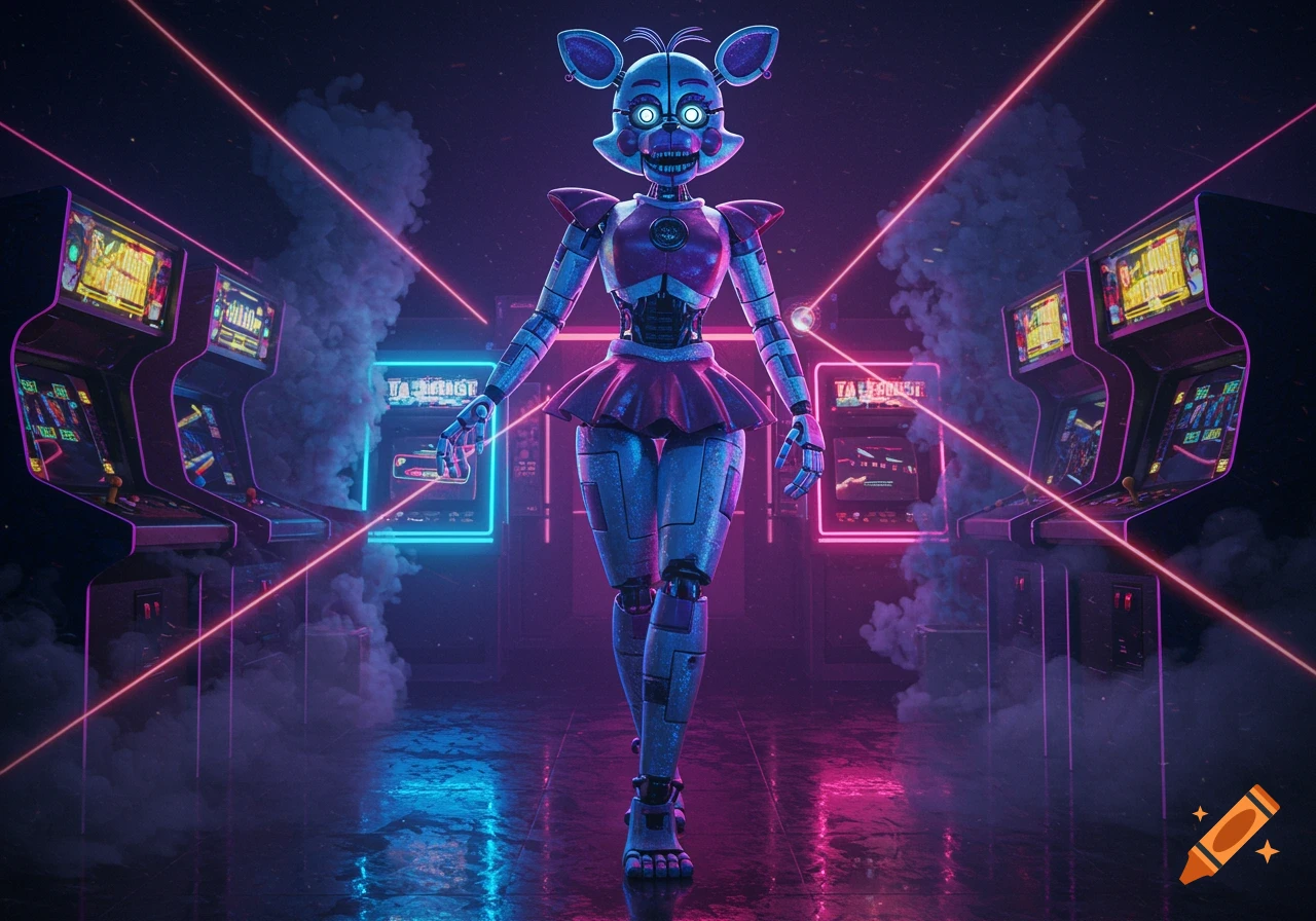 A robotic female animatronic with glowing eyes and a pink skirt stands in a neon-lit arcade filled with smoke.