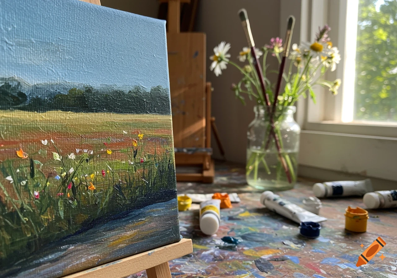 A small landscape painting on an easel in a sunlit art studio, with paints and brushes in a vase in the background.