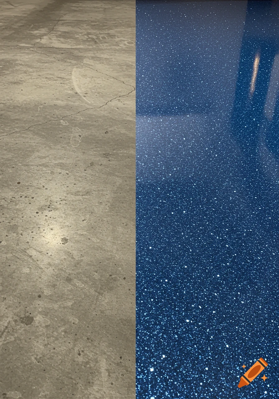 A split image showing a before and after comparison of flooring: cracked concrete on the left and a shiny blue flake epoxy floor on the right.