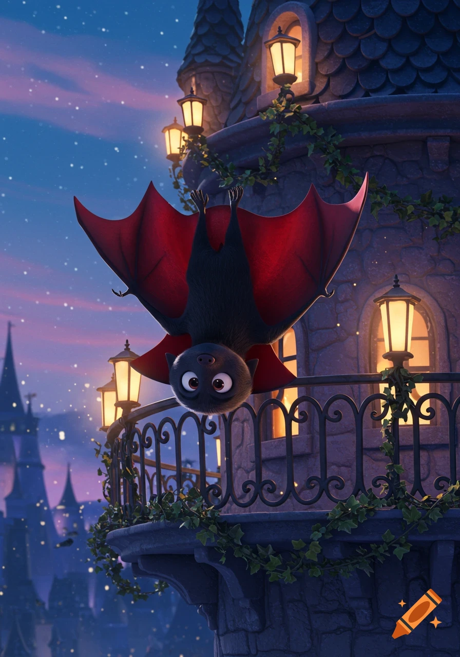 A cute Pixar-style cartoon vampire bat hangs upside down from a castle balcony at dusk.