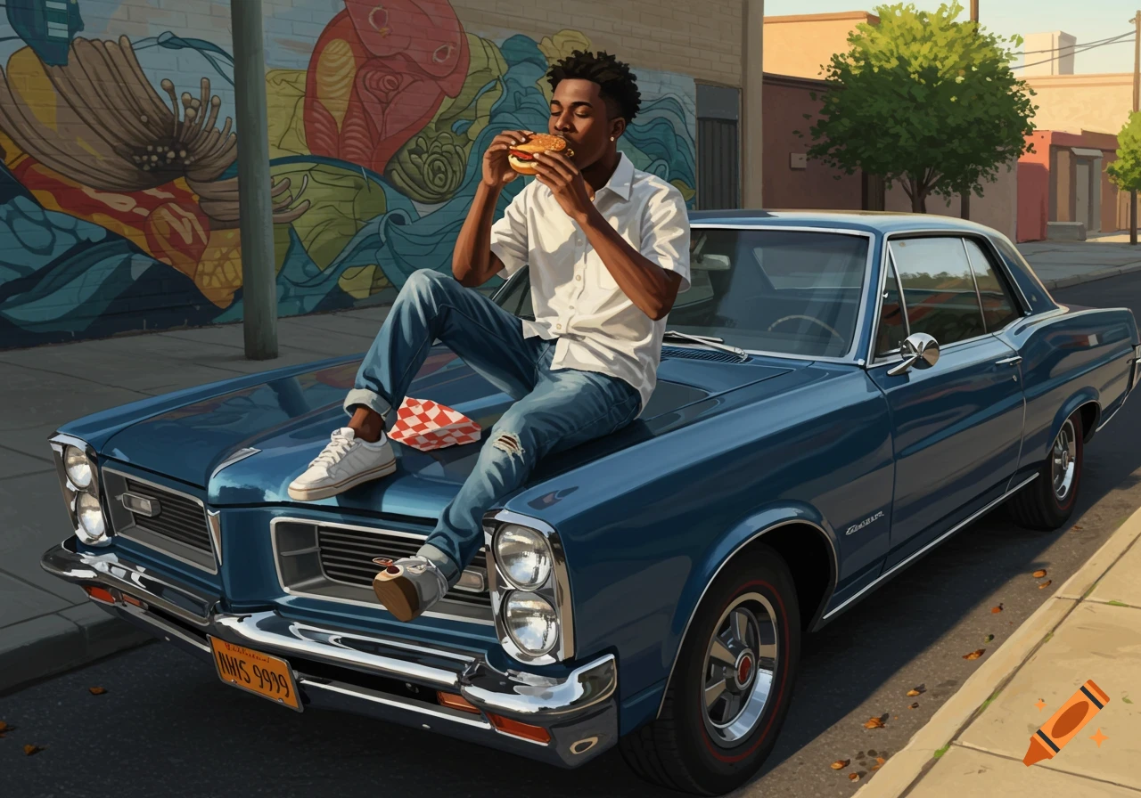 A young black man in a white shirt and jeans sits on the hood of a blue vintage car, eating a burger. A colorful mural is on the wall behind him.
