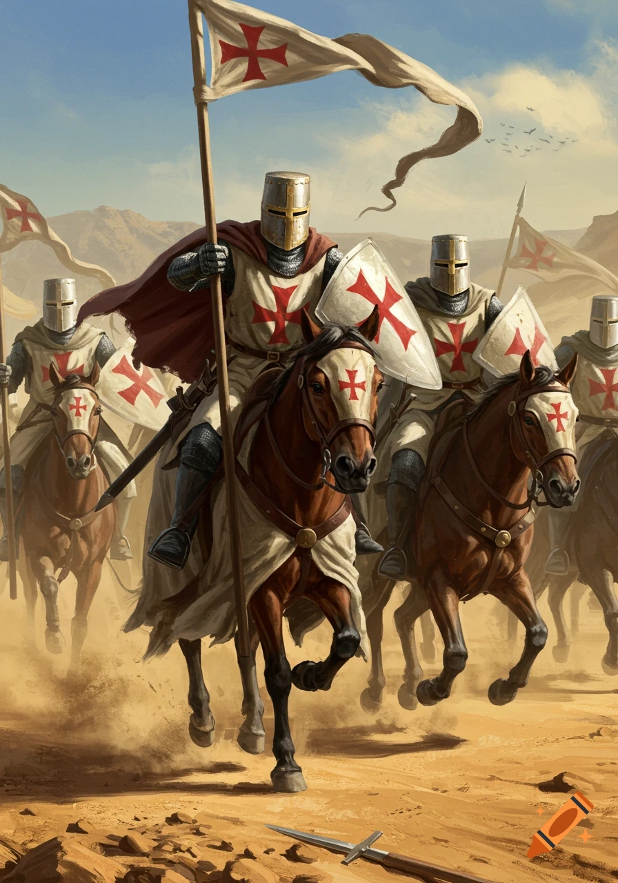 Armored medieval knights on horseback ride through a dusty desert, bearing flags and shields with red crosses.