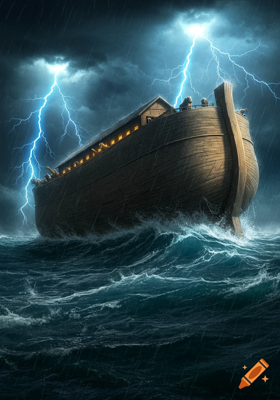 Noah's Ark sails on a raging ocean under a dark, stormy sky with lightning and heavy rain.