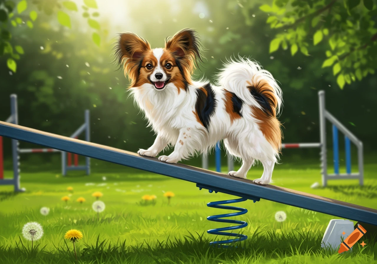 A fluffy Papillon dog with brown, white, and black fur stands on a blue agility seesaw in a sunny grassy park.