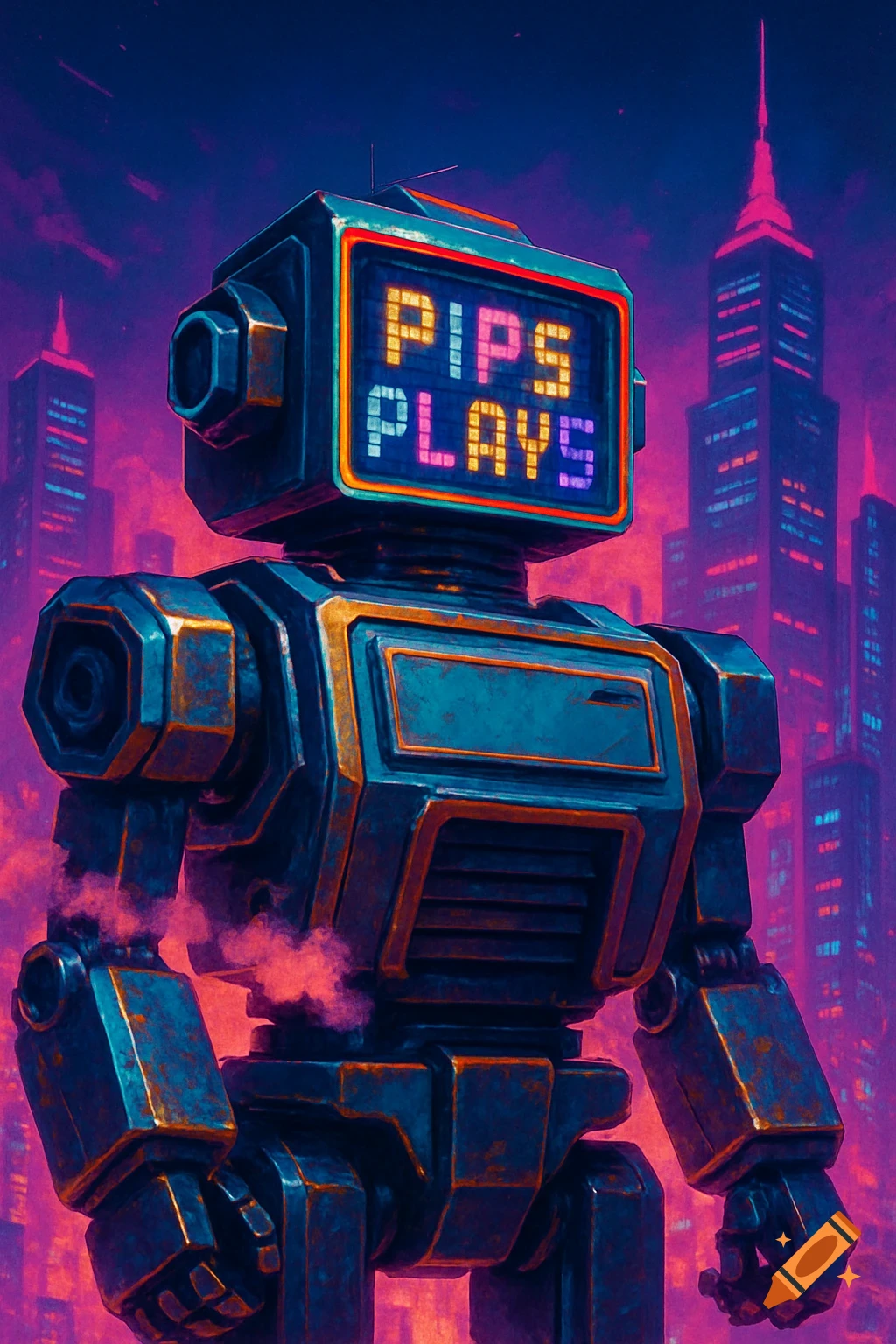 A retro-futuristic robot with "PIPS PLAYS" on its glowing screen, standing in a dark, neon-lit cityscape under a purple sky.