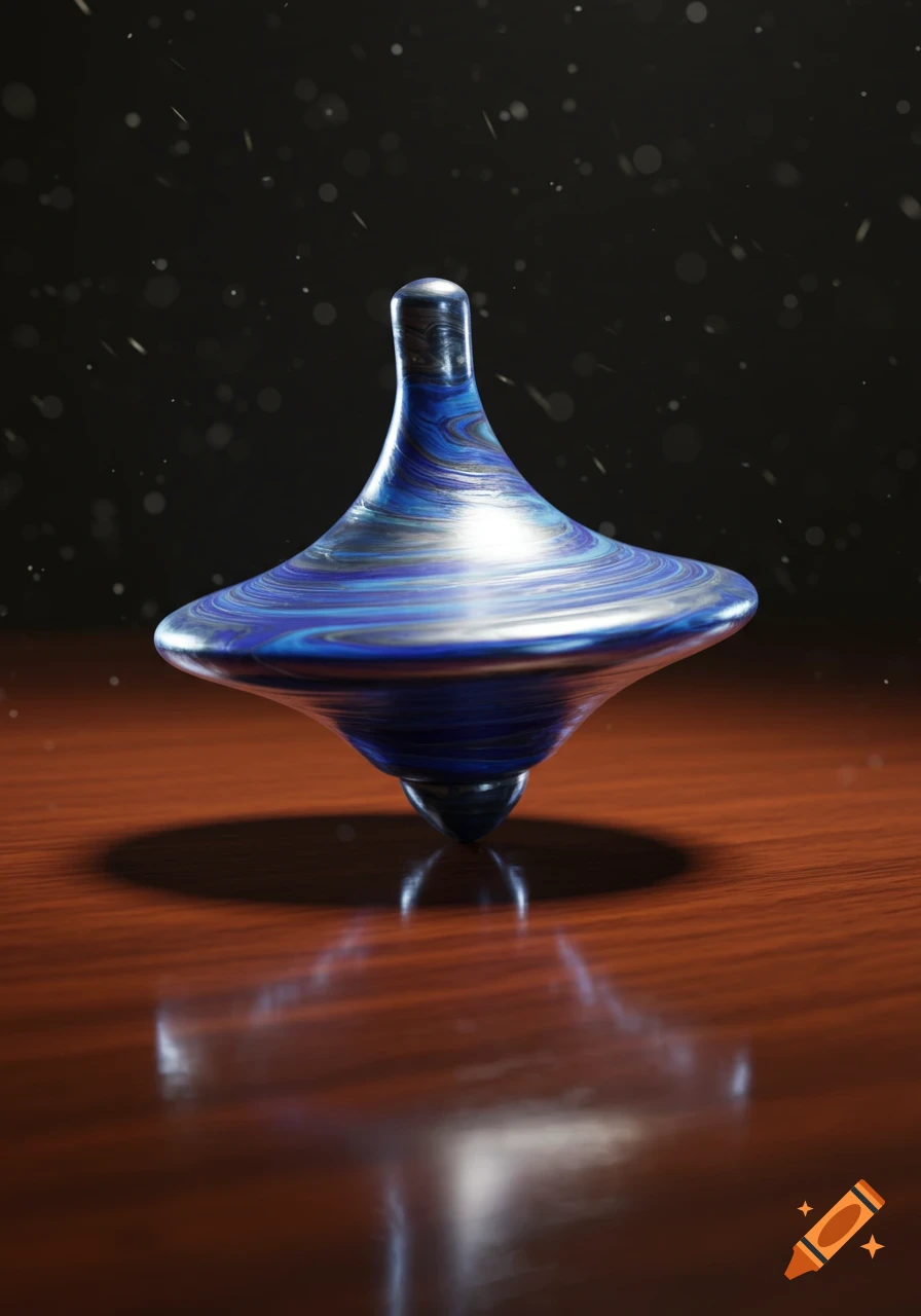 A photorealistic blue and silver swirled spinning top rests on a reflective dark wooden table, with a dark background and subtle light particles floating around.