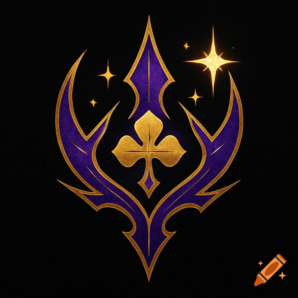 A stylized purple and gold emblem with sharp points, a central clover-like shape, and sparkling stars on a black background.
