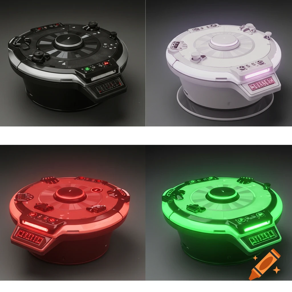 Four electronic tabletop game devices in different colors: black, white, red, and green, each with a center spin knob and buttons.
