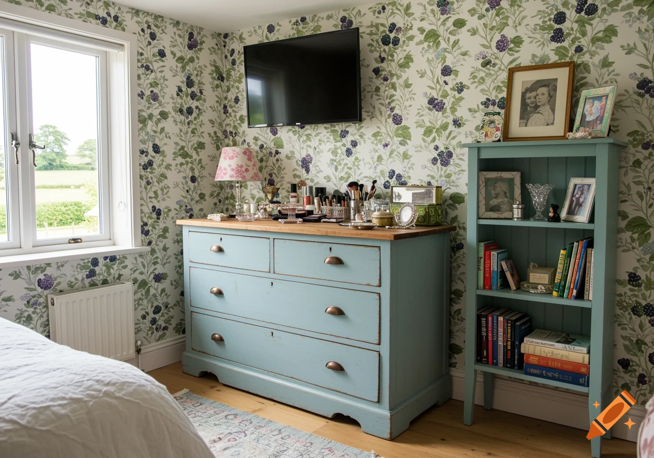A rustic light blue chest of drawers and matching bookcase in an English country bedroom with blackberry wallpaper, a wall-mounted TV, and a window.