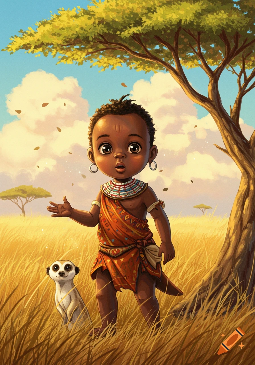 Ghibli style illustration of a cute African child in traditional attire standing in a golden savanna with a meerkat and an acacia tree.