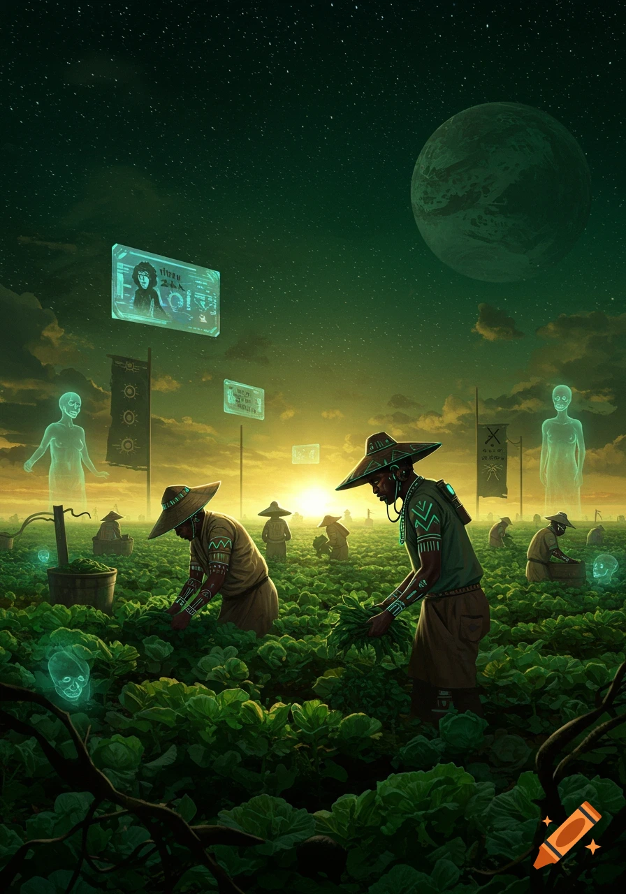People in a futuristic field harvesting crops under a green sky with a planet, surrounded by holographic screens and glowing figures.