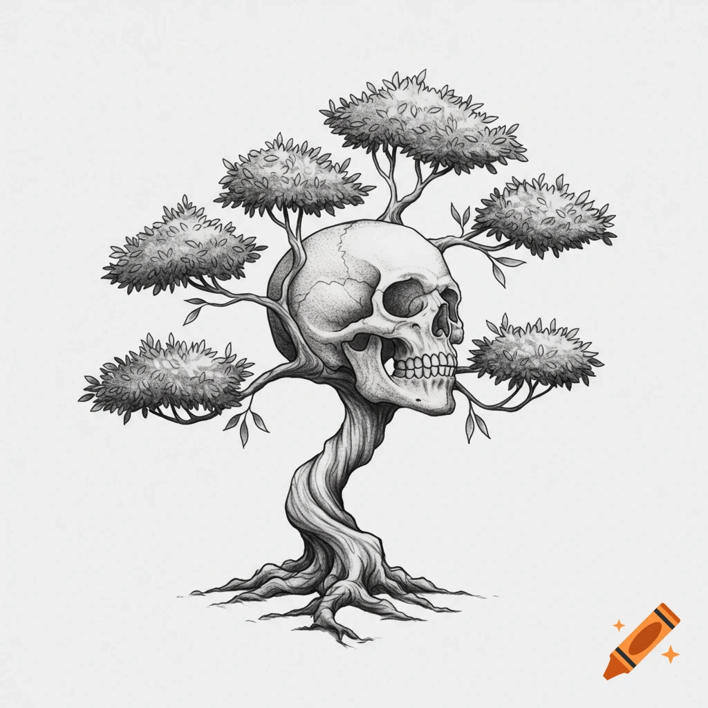 Fine line tattoo illustration of a human skull as the trunk of a bonsai tree, in black and white.