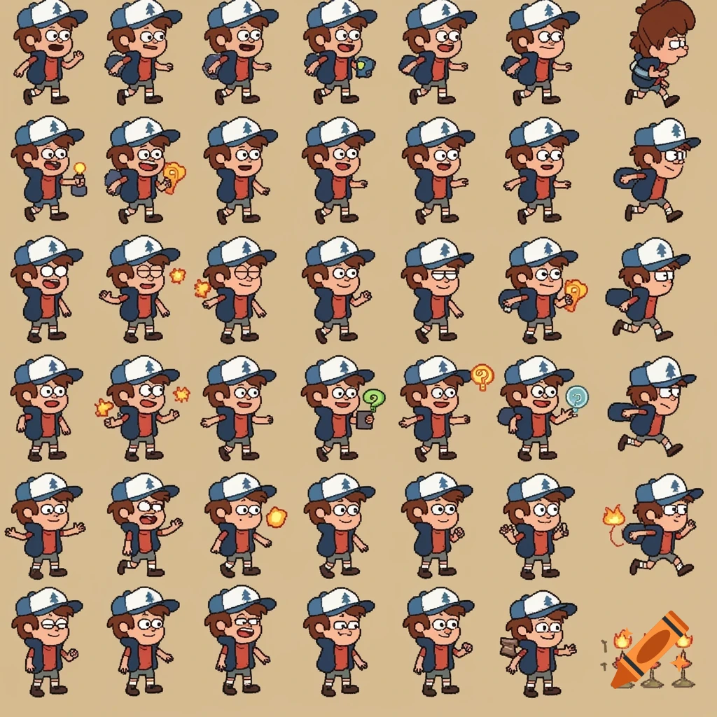 Pixel art spritesheet of Dipper Pines from Gravity Falls in various poses and actions.