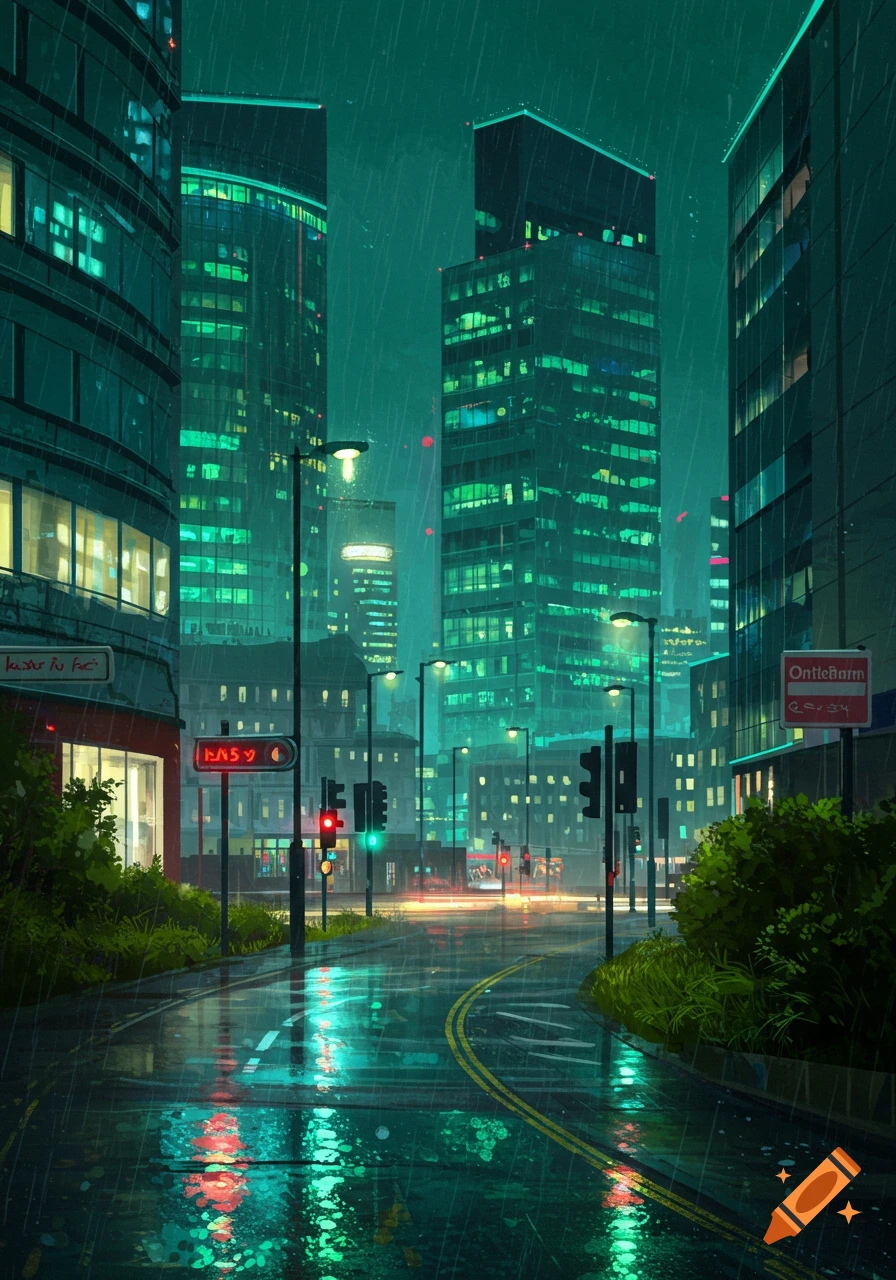A stylized digital painting of a rainy city street at night, with towering green-lit skyscrapers reflecting in the wet asphalt.