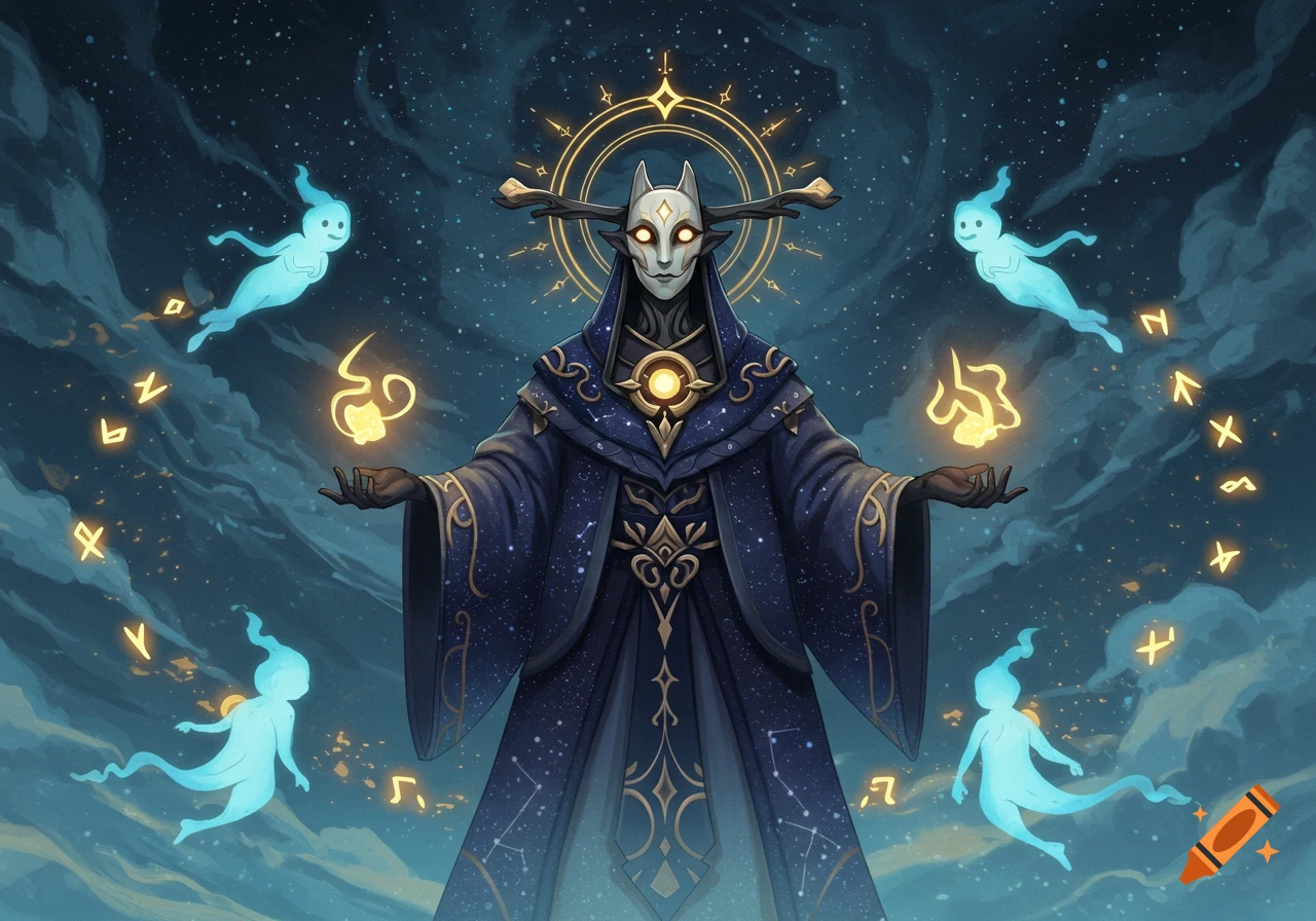 A mysterious cloaked figure with glowing eyes and a mask-like face stands against a starry, cloudy sky, surrounded by floating blue spirits and golden symbols.