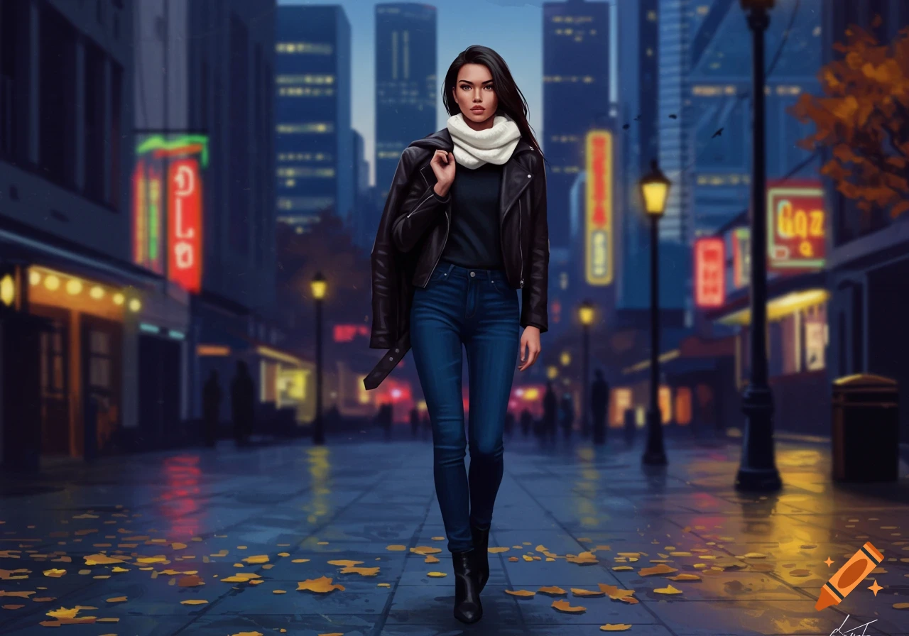 A stylish woman in a leather jacket and jeans walks on a wet city street at night, with neon signs and autumn leaves. Digital art.