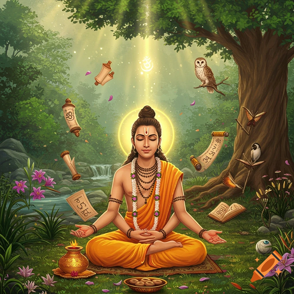 An illustration of a meditating figure with a golden halo, surrounded by nature, floating scriptures, and an owl.
