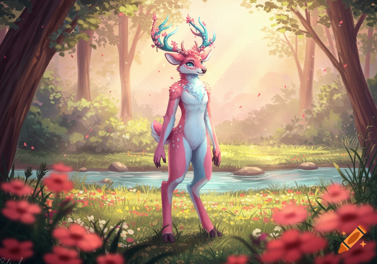 A pink and blue anthropomorphic deer with flowered antlers stands in a sunny forest beside a stream.