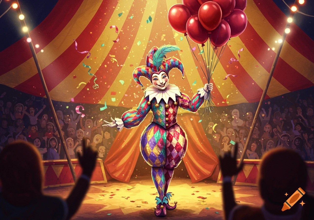 A colorful jester holding red balloons on a circus stage, surrounded by falling confetti and an audience.