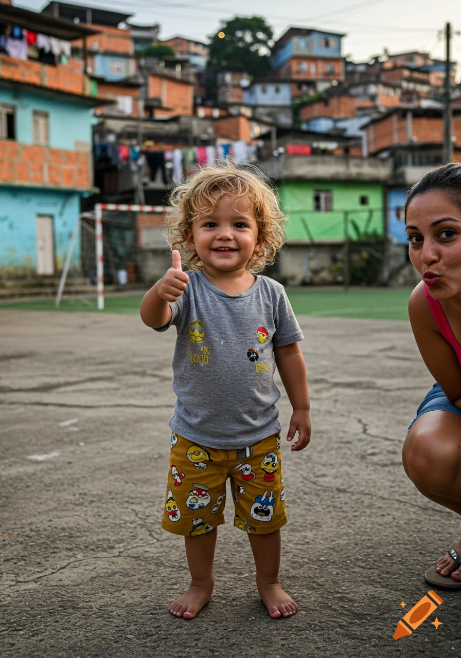 A smiling child with blonde curly hair gives a thumbs up in a favela, with a woman making a face nearby.