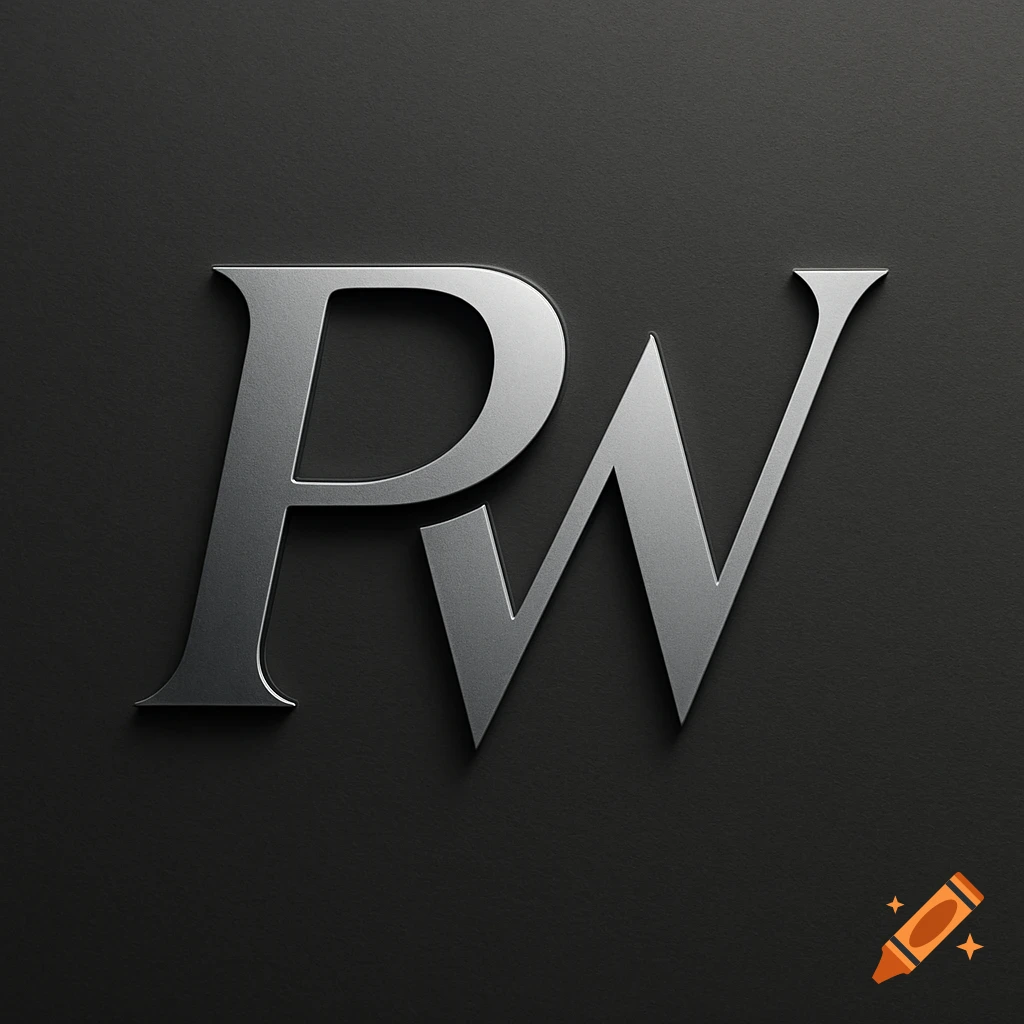 A silver, metallic logo featuring the stylized letters "PW" on a dark gray textured background.