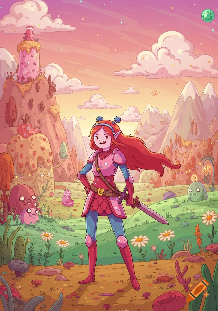 A female fantasy adventurer in pink armor with a sword, hands on hips, standing in a whimsical, colorful candy-like landscape with mountains and peculiar creatures, in the art style of Adventure Time.