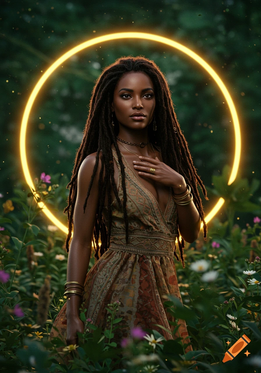 A beautiful Black woman with long dreadlocks and a bohemian dress stands in a lush garden with a glowing golden ring behind her, looking ethereal.