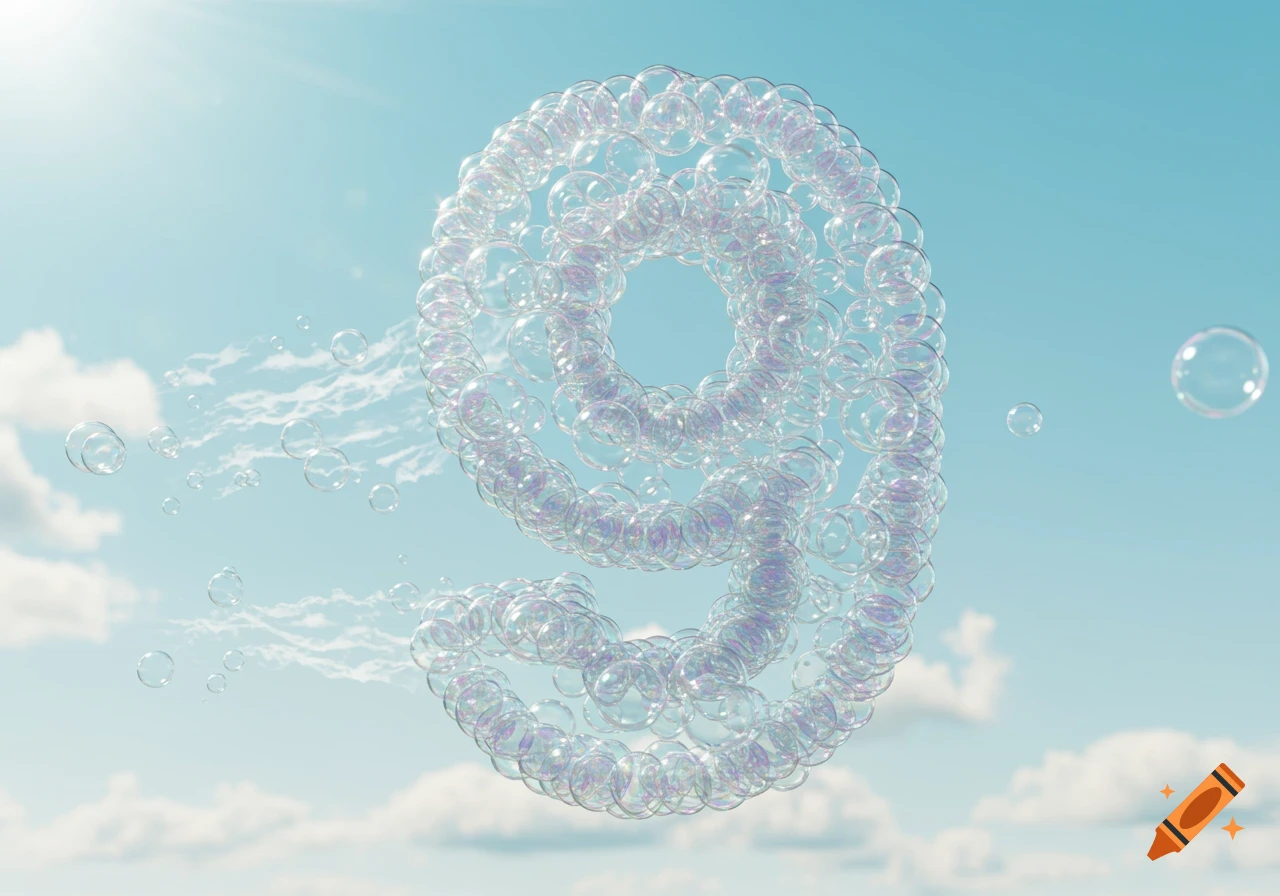A large, translucent number 9 made of iridescent soap bubbles floats against a blue sky with soft white clouds.