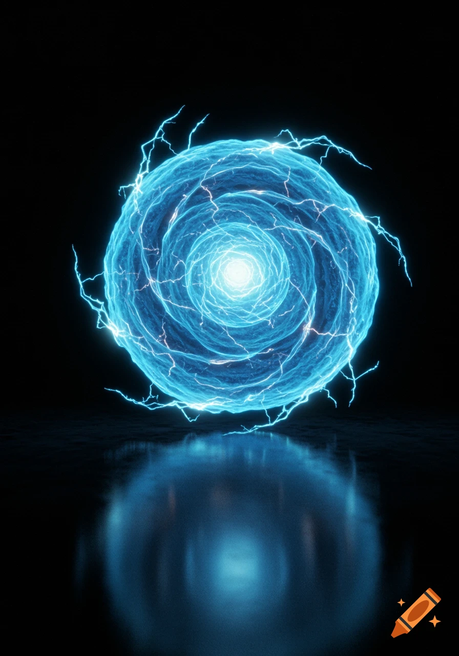 A bright blue swirling energy orb with electrical discharges, reflected on a dark, wet surface.
