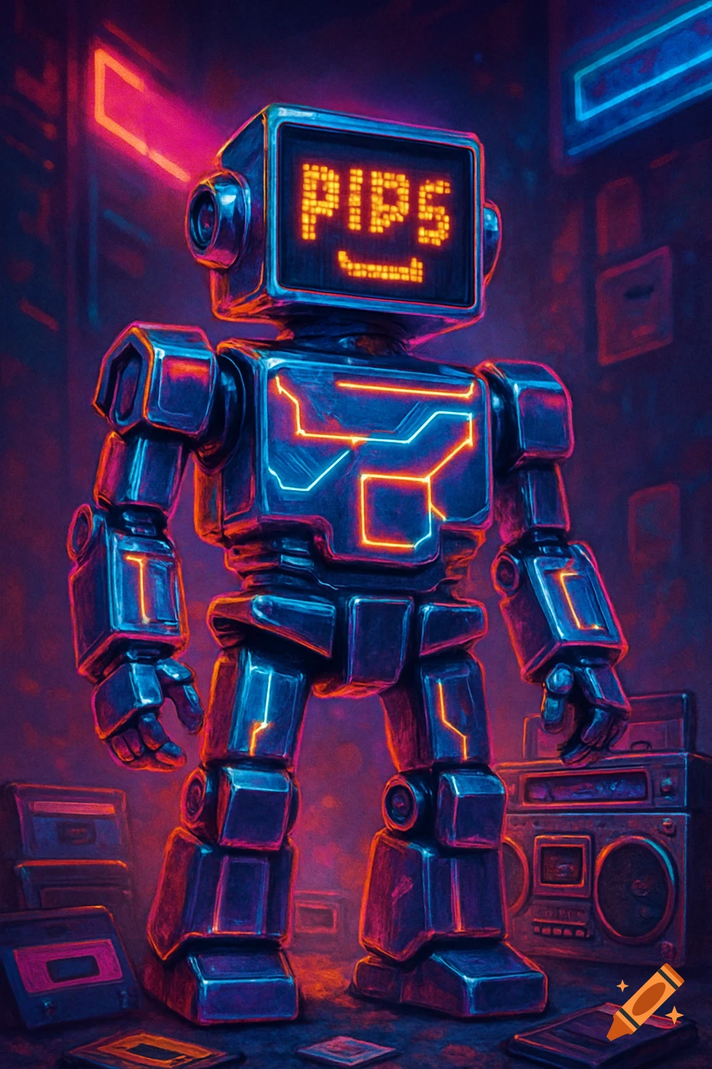 A retro-style robot with a screen face displaying 'PIPS' stands in a neon-lit room.