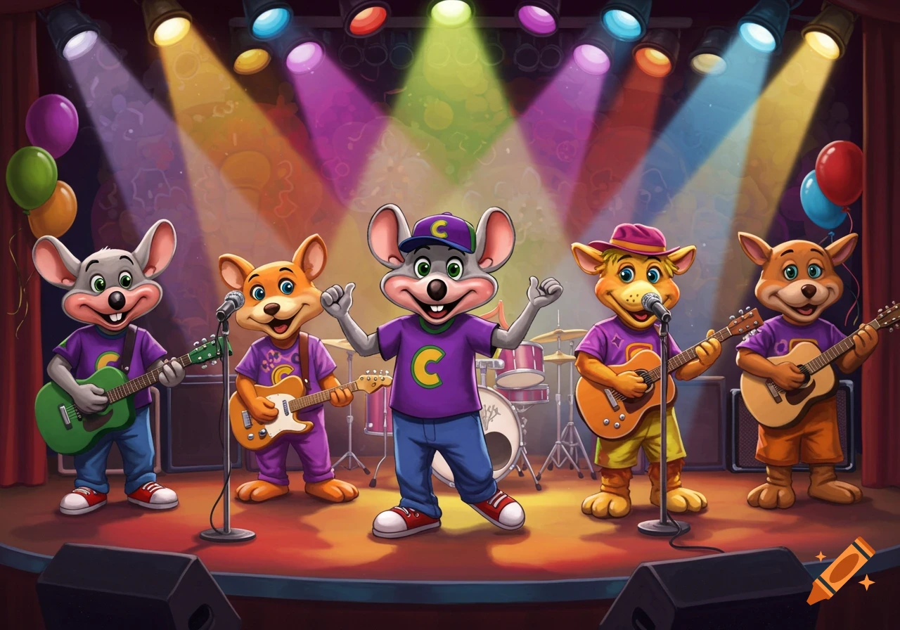 Five cartoon animal characters, including mice and fox-like figures, play instruments on a brightly lit stage under colorful spotlights.
