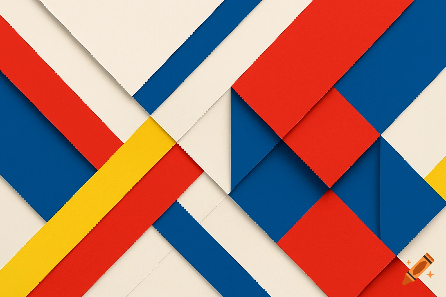 Abstract geometric pattern with overlapping planes in red, blue, yellow, and cream colors.