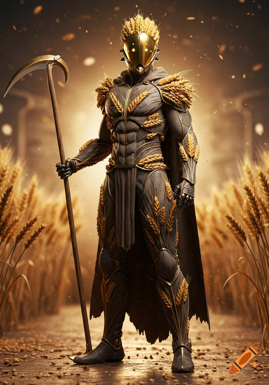 A photorealistic sci-fi fantasy figure in dark armor adorned with golden wheat ears and a matching helmet, holding a scythe in a wheat field.