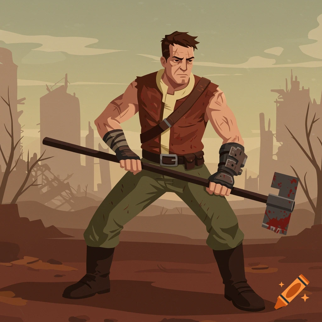 A stylized cartoon illustration of a muscular man in post-apocalyptic attire holding a bloody hammer in a desolate wasteland.