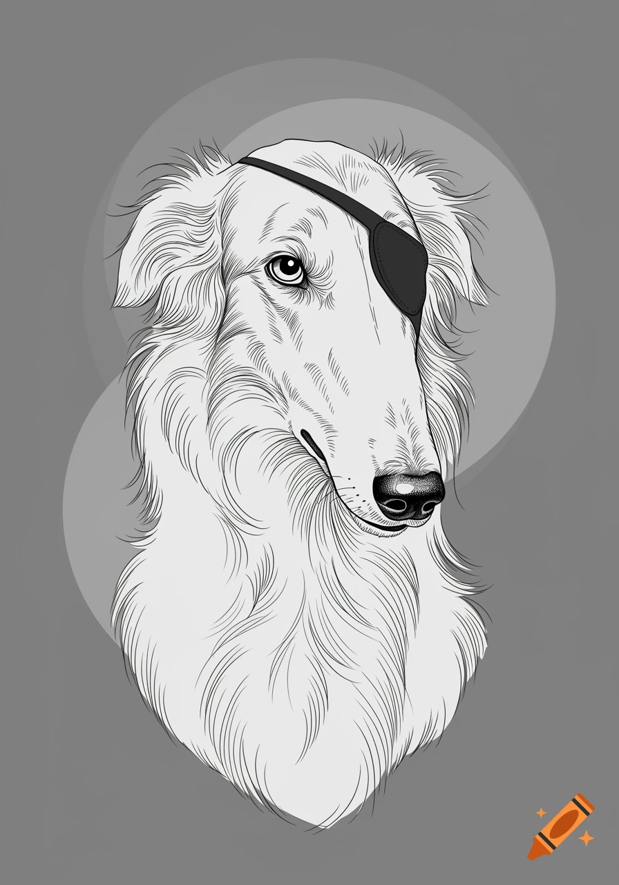 A detailed line art portrait of a borzoi dog wearing an eyepatch against a grey background.
