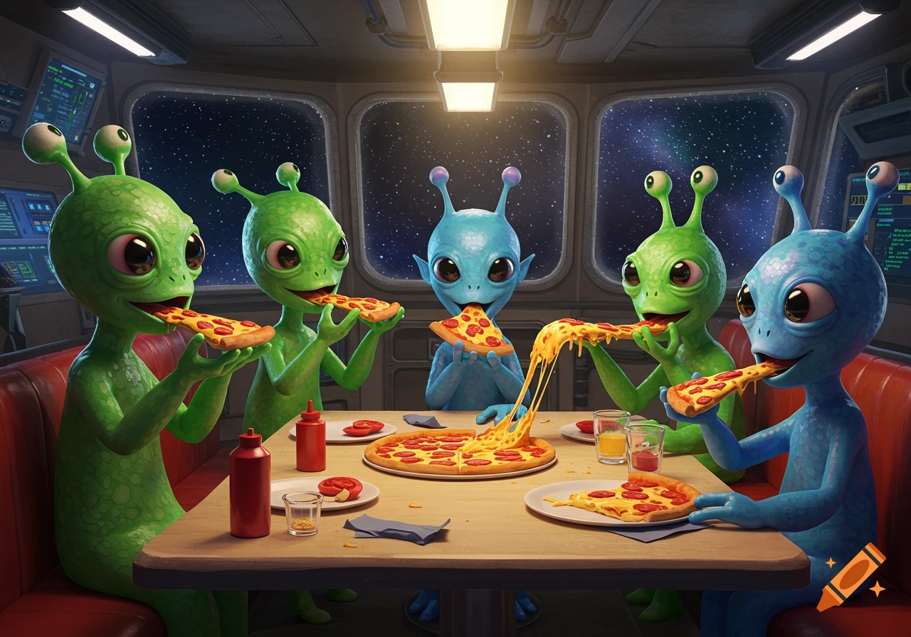 Five green and blue aliens happily eating pizza at a table inside a spaceship, with outer space visible through windows.