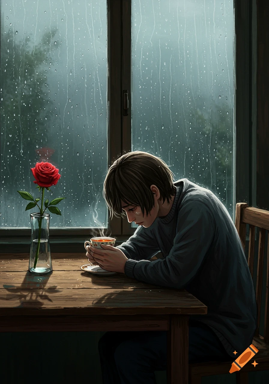 An anime-style illustration of a sad person holding a tea cup at a wooden table by a rain-streaked window, with a red rose in a vase.