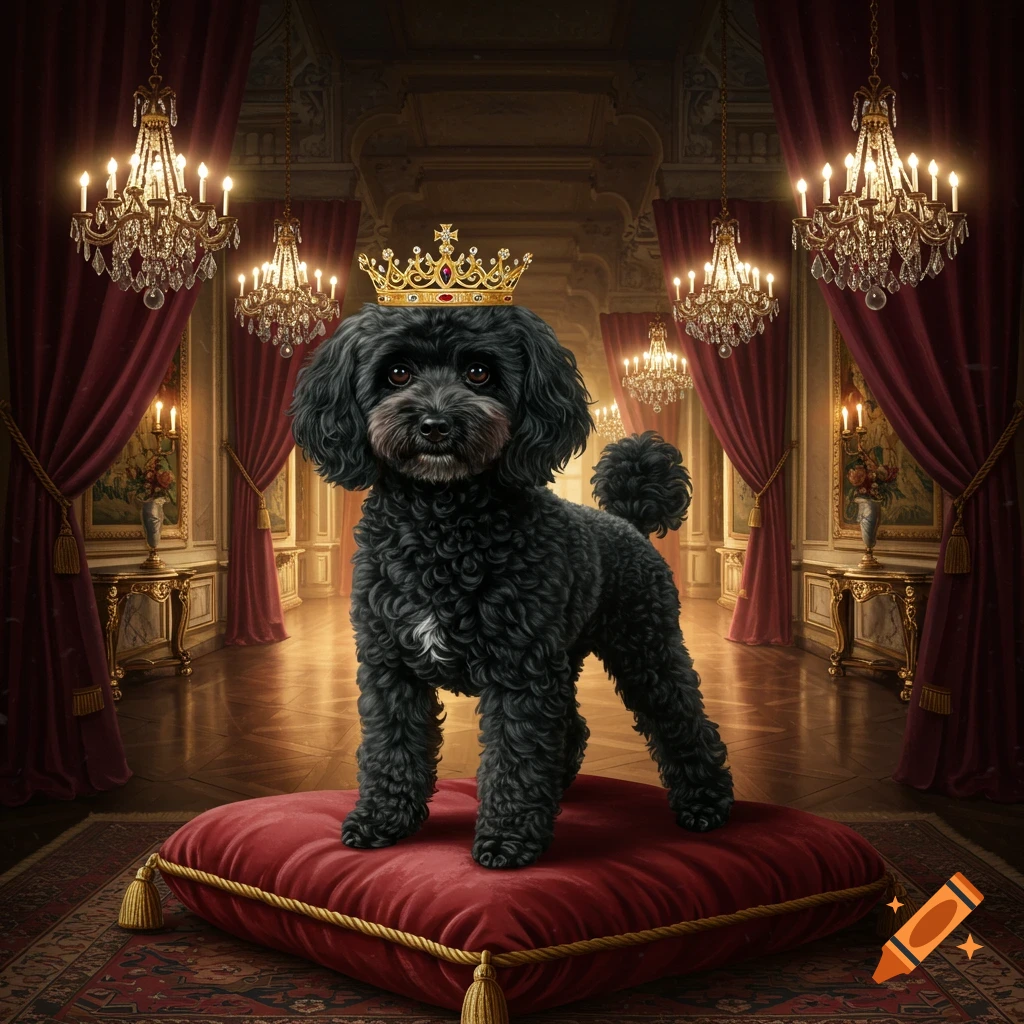 A majestic black poodle dog wearing a golden crown stands on a red velvet cushion in a grand, opulent room with chandeliers.