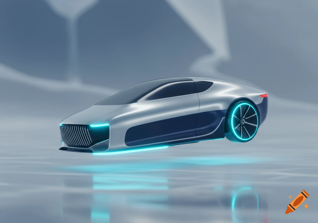 A sleek, silver and dark blue futuristic hovering car with glowing blue accents in a minimalist setting.