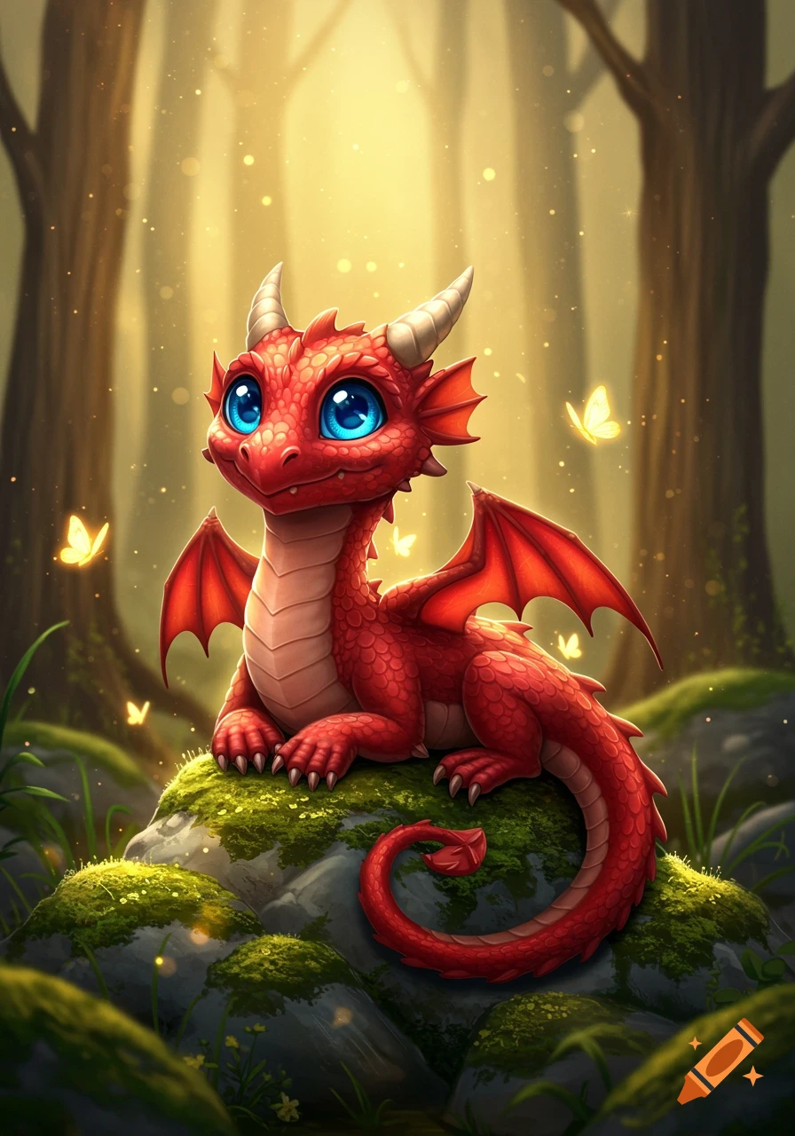 A cute red baby dragon with large blue eyes sits on a mossy rock in a magical forest with glowing butterflies.