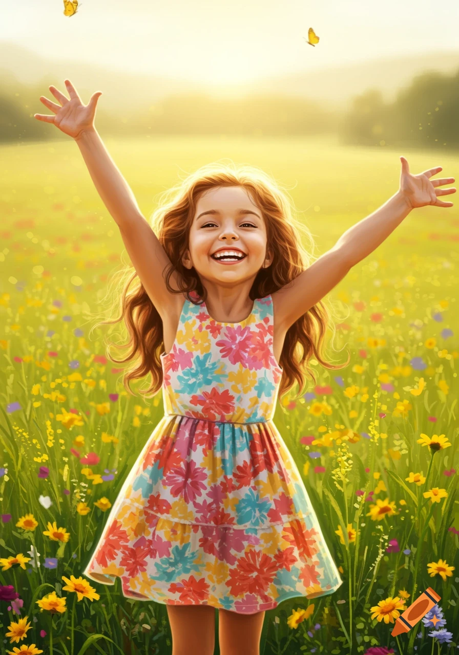 A joyous young girl with arms raised in a sunny field of colorful flowers, with butterflies in the sky.
