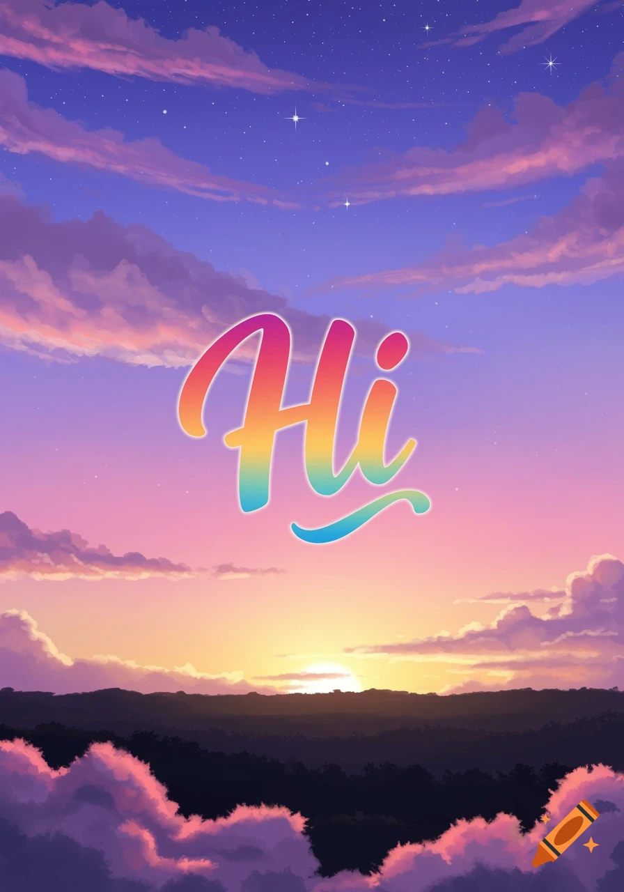 A vibrant sunset sky with purple and pink clouds over dark mountains. The word 'Hi' is centrally displayed in colorful gradient script.