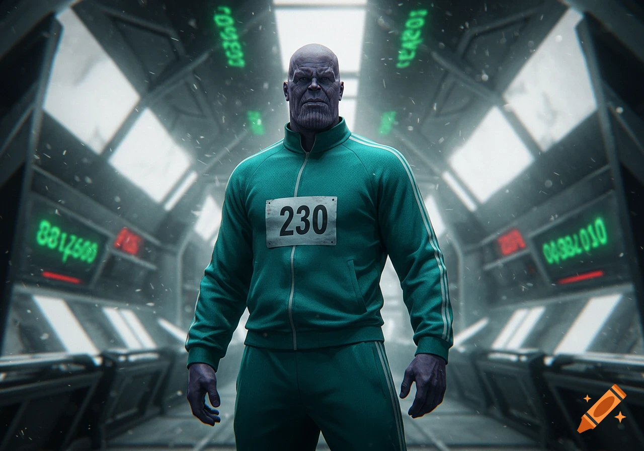Thanos, purple-skinned and wearing a green tracksuit with the number 230, stands in a futuristic, sci-fi corridor.