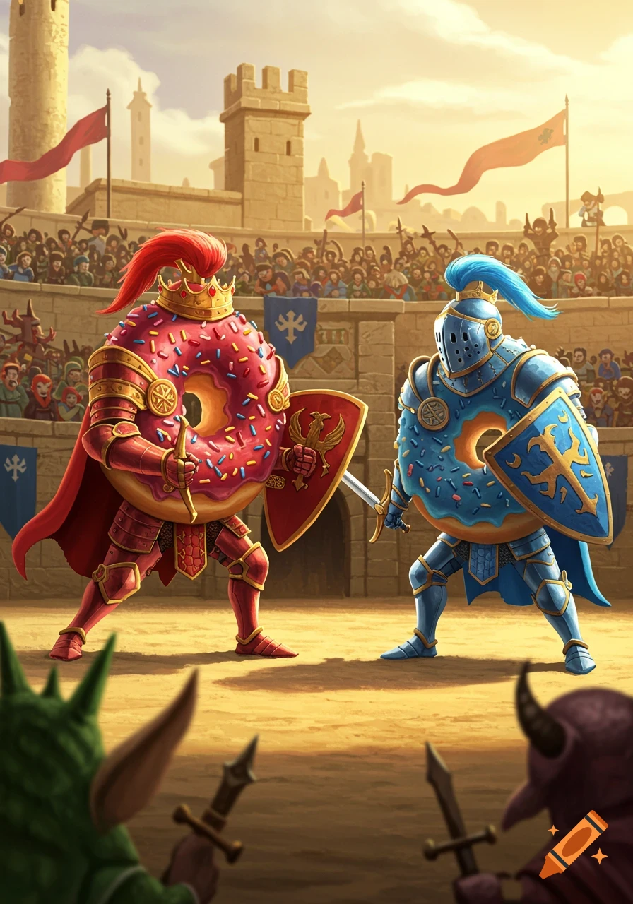Two donut knights, one red and one blue, jousting in a medieval arena filled with cheering spectators.