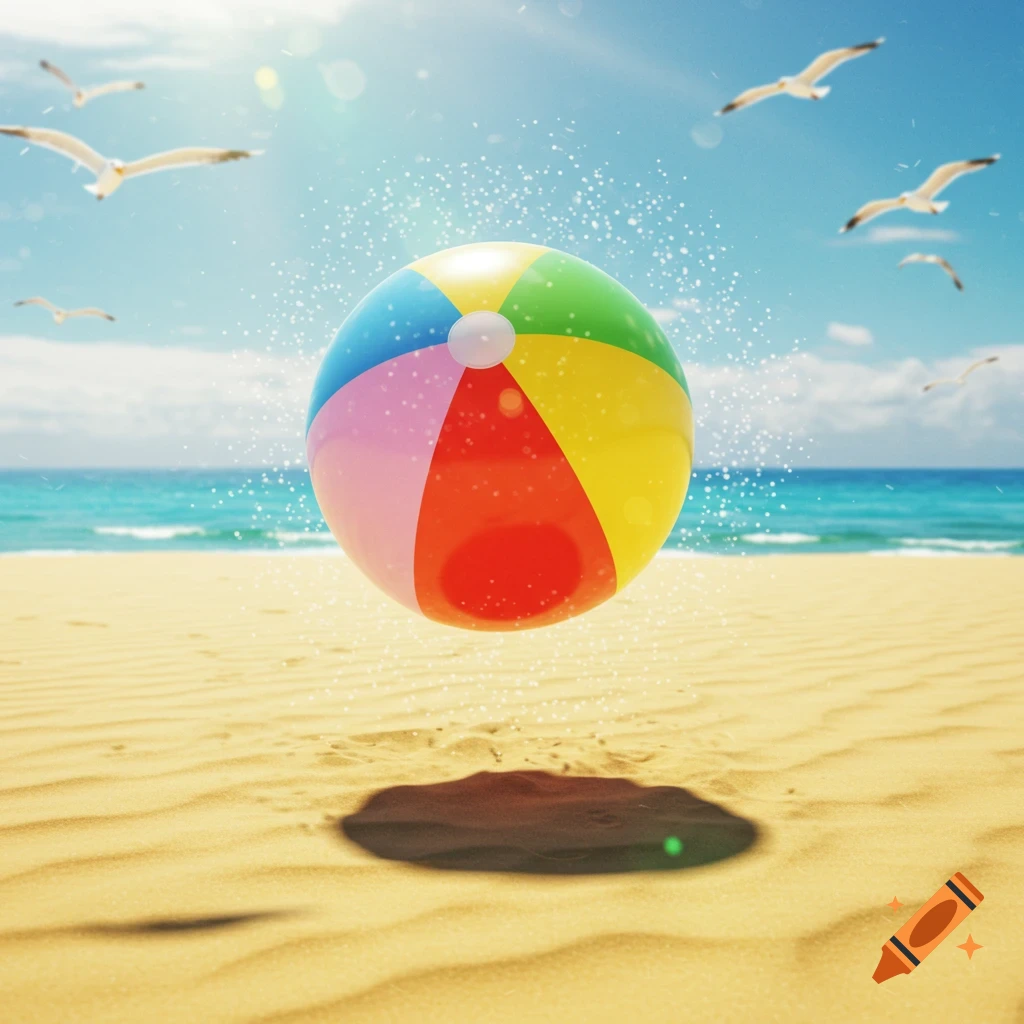 A vibrant beach ball floats above a sandy beach with the ocean and seagulls in the sunny background.