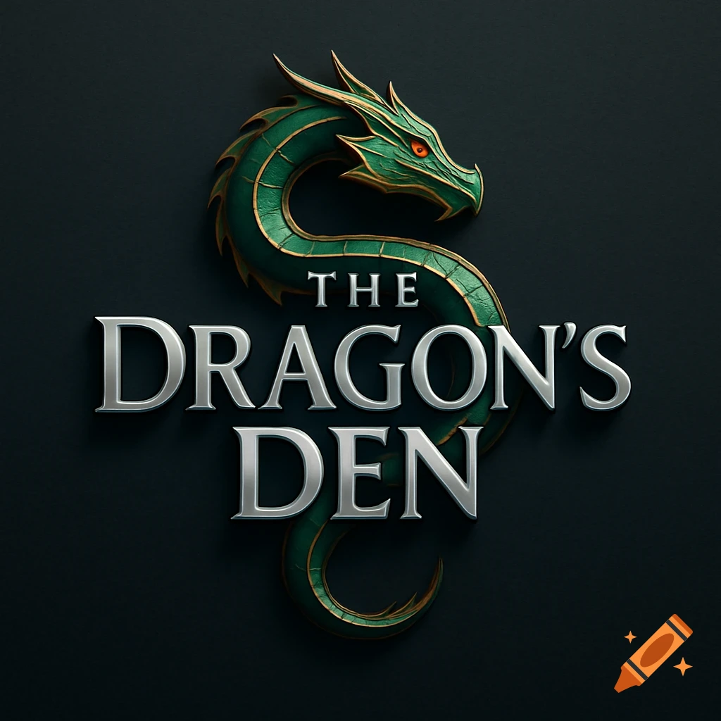 A logo featuring a green dragon forming a stylized S above the words 'THE DRAGON'S DEN' in silver 3D text on a dark background.