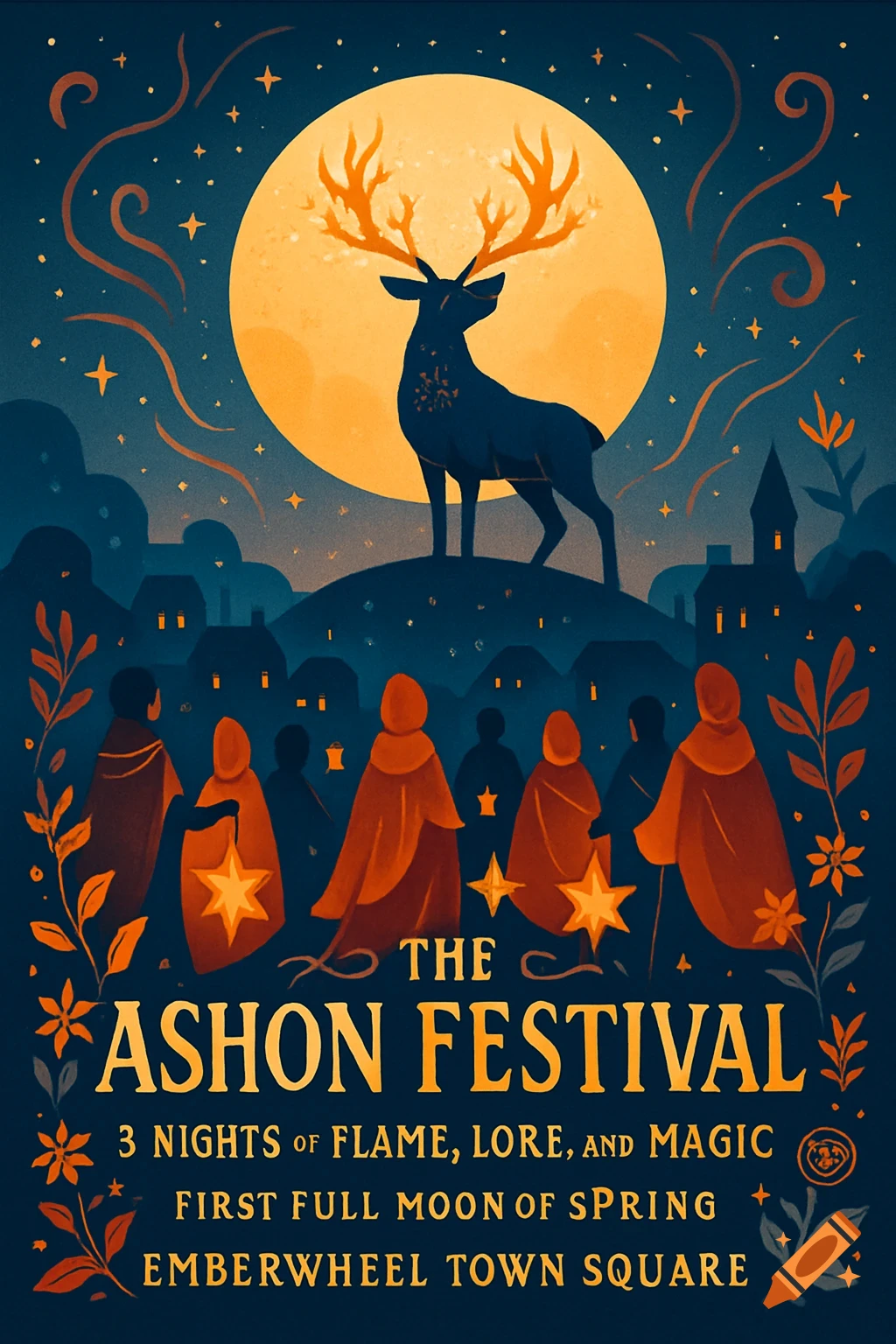 A mystical festival poster with a silhouetted stag under a full moon, overseeing cloaked figures in a town square. Text: 'The Ashon Festival'.